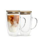 Double-Wall Borosilicate Glass Coffee Mug with Handle & Bamboo Lid - 340ml - Image 2